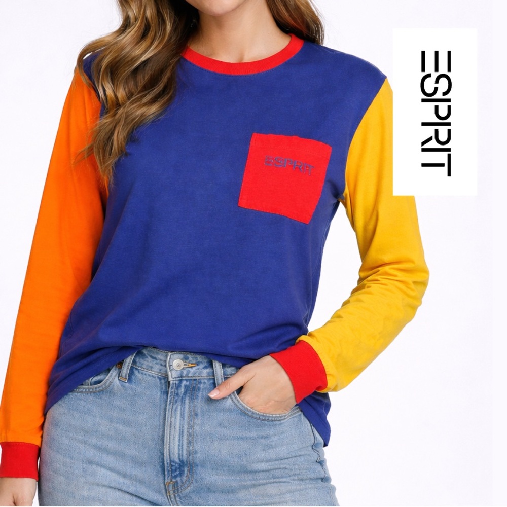 Vintage 90s ESPRIT DE CORPS Long Sleeve Color Block Pocket Tee - Size Large